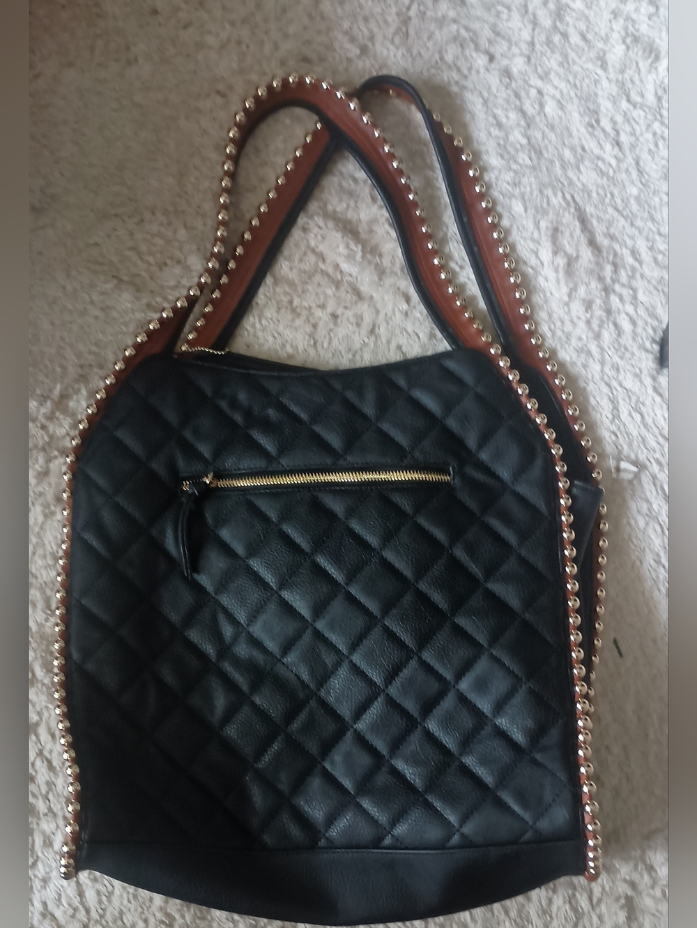 Big Buddha Black Quilted Hobo Purse with Gold Bead Trim and Tan-Edged Straps